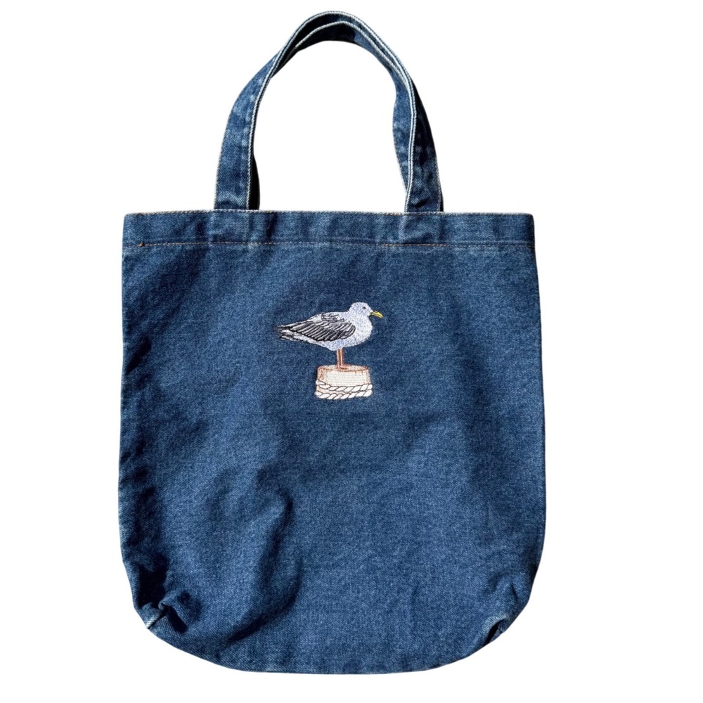 Vintage Innovo Denim Tote Bag Seagull Embroidery Blue Cotton Shopper Coastal 90s